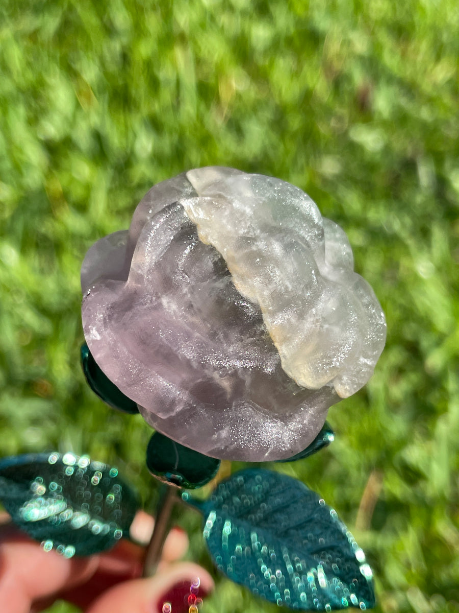 Fluorite crystal rose carving on metal stand