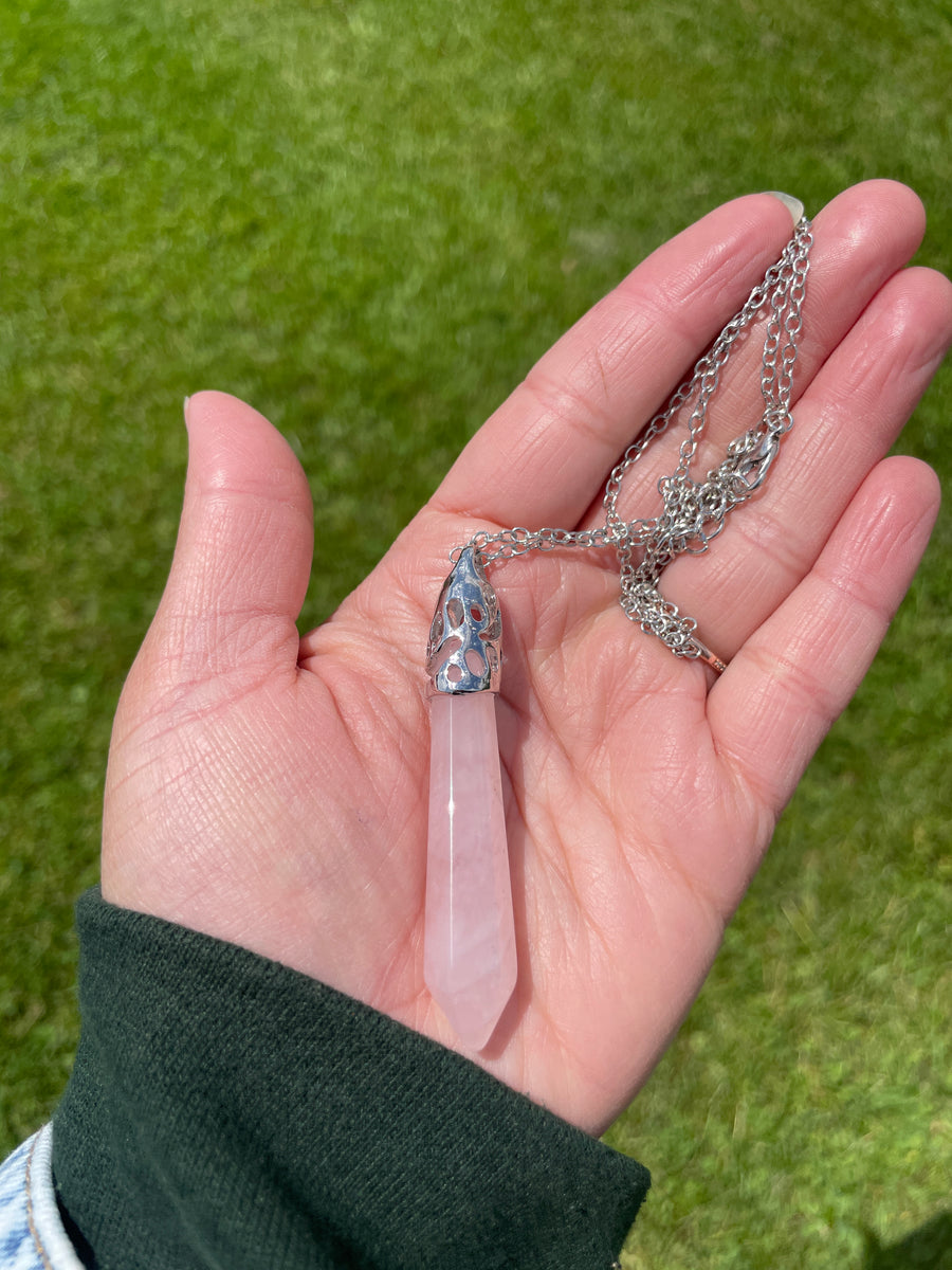 Rose quartz point stainless steel chain necklace