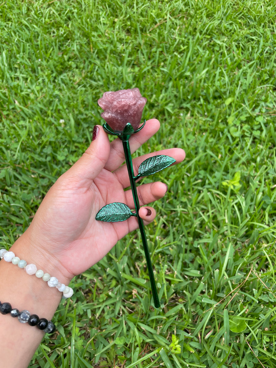 Strawberry Quartz Crystal rose on metal stem