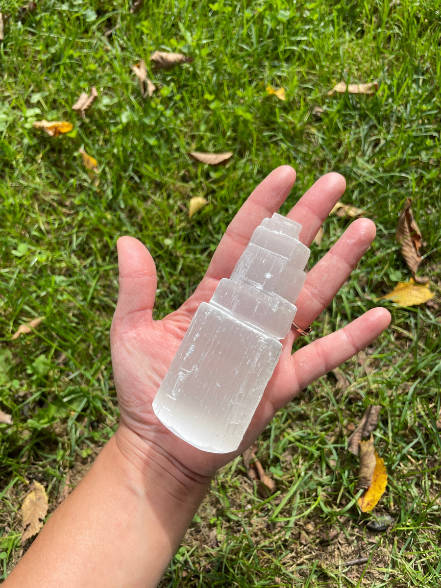 Selenite/Satin Spar Tower obelisk 4” tall