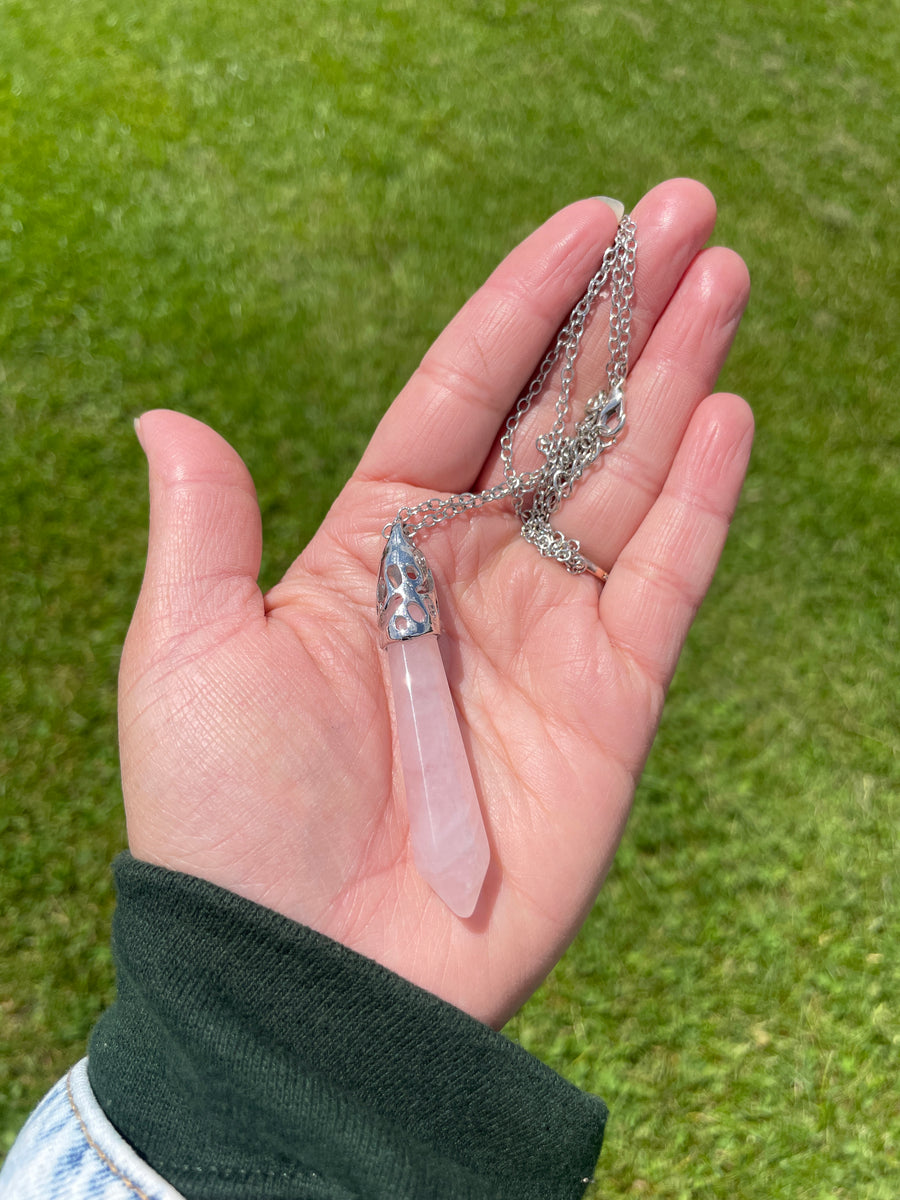 Rose quartz point stainless steel chain necklace