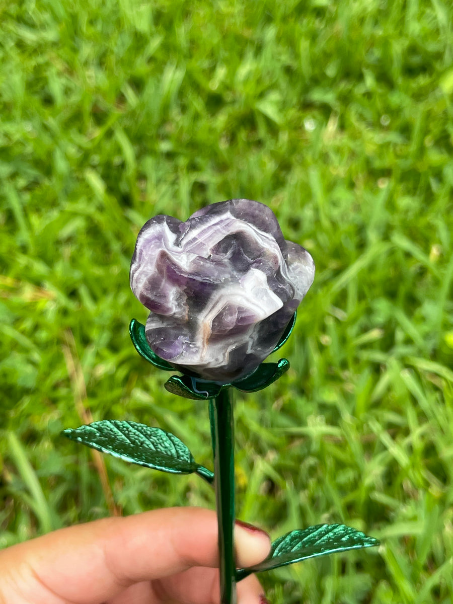 Chevron Amethyst rose crystal on metal stand