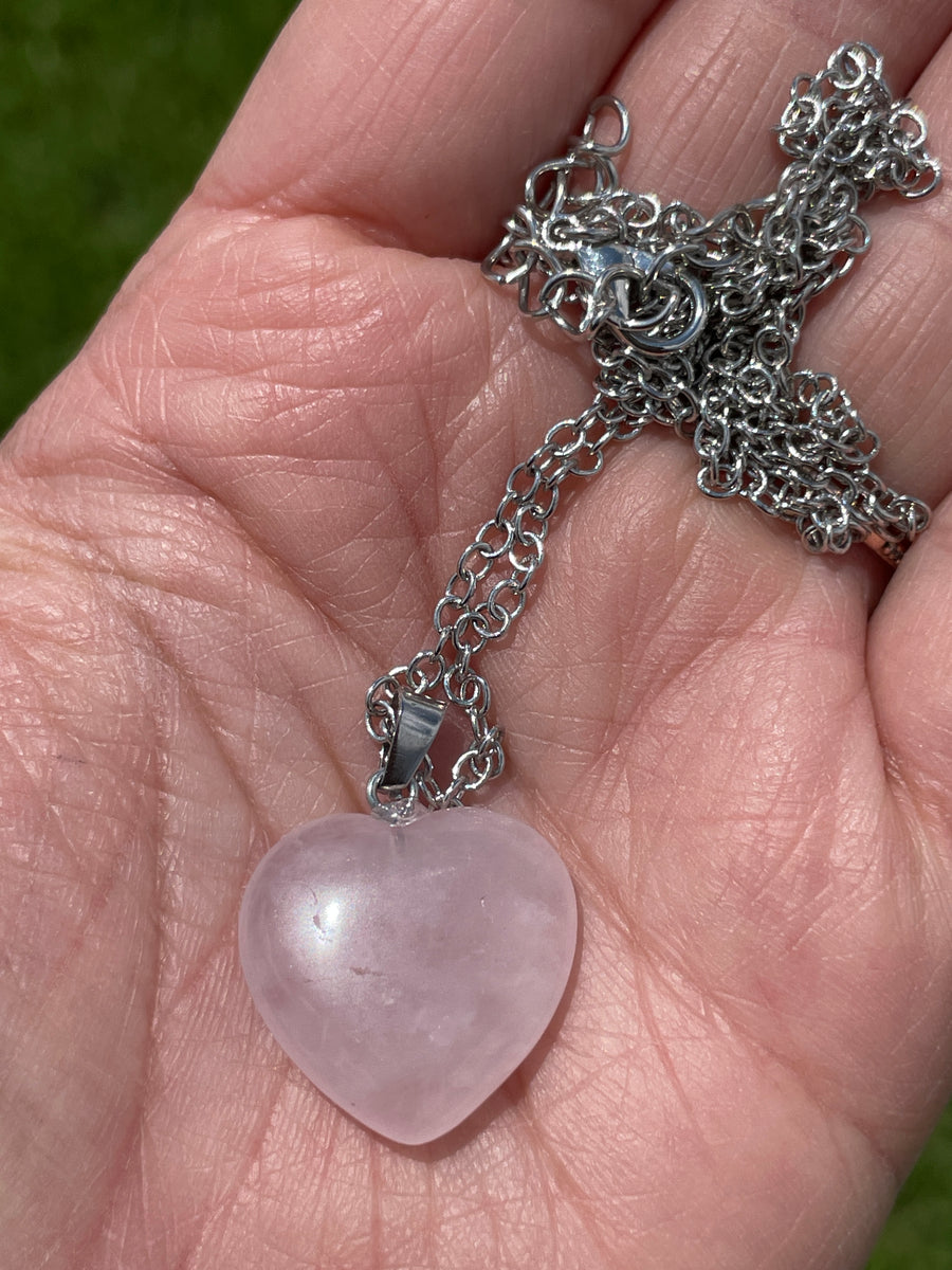 Rose quartz heart stainless steel chain necklace