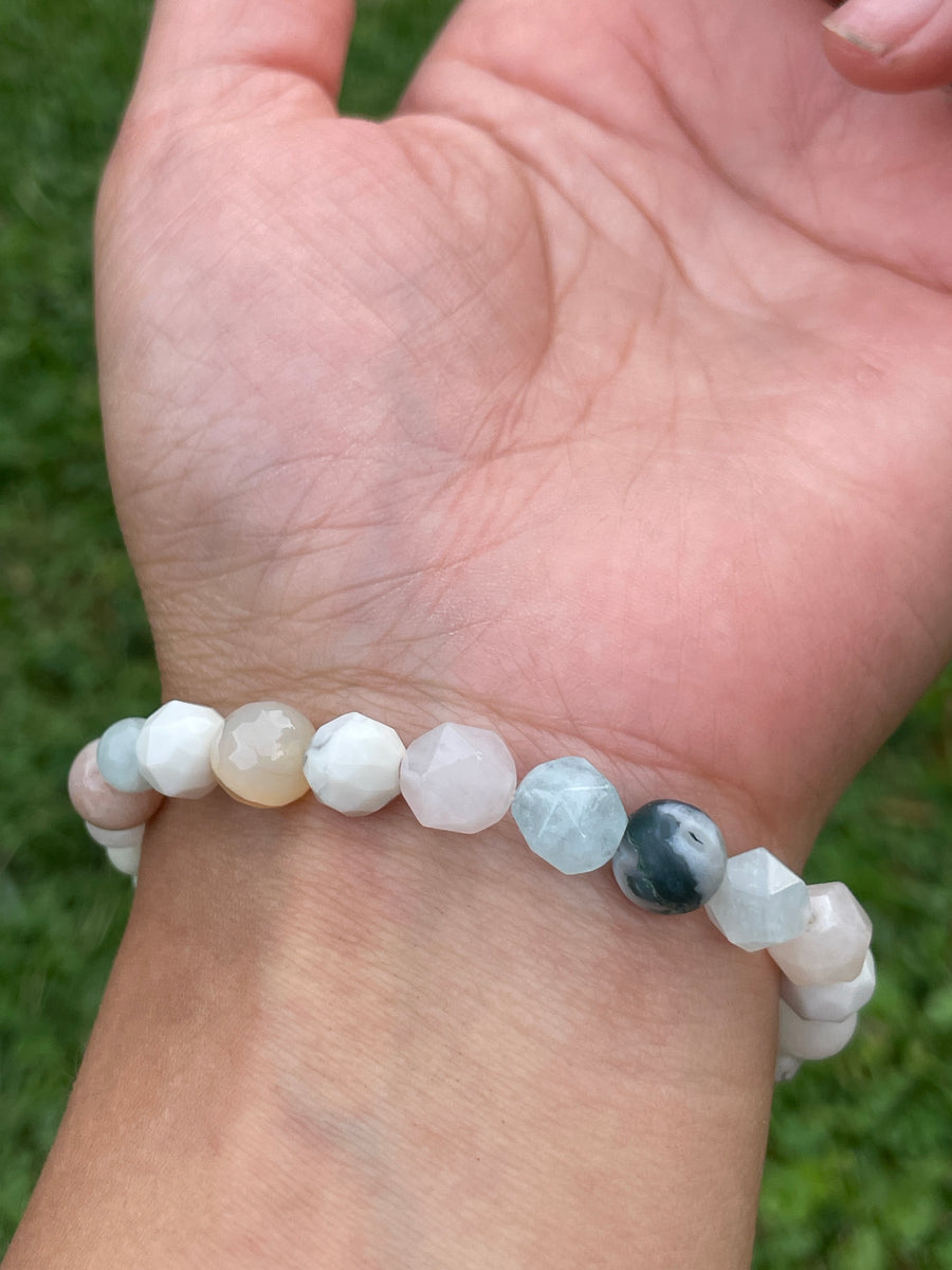 High vibration anxiety relief bracelet with moss agate center and orca agate