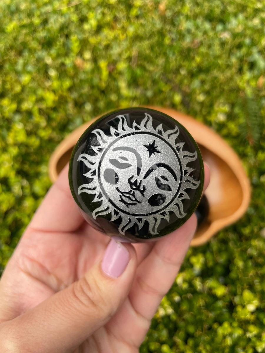 Black Obsidian carved sphere with crystal stone stand choose your design