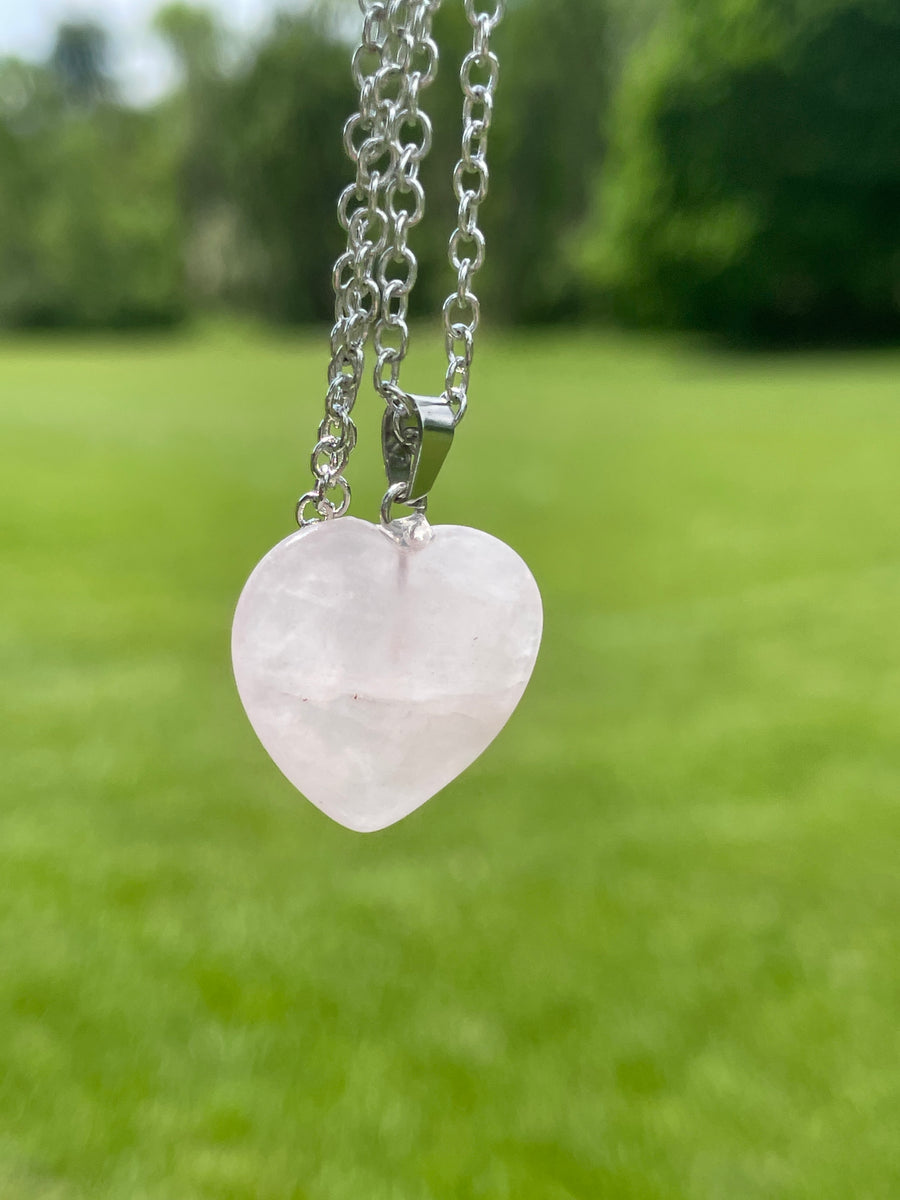 Rose quartz heart stainless steel chain necklace