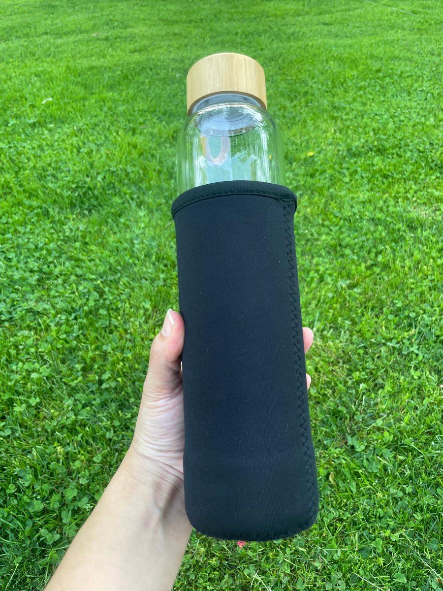 Amethyst chip water bottle with black sleeve