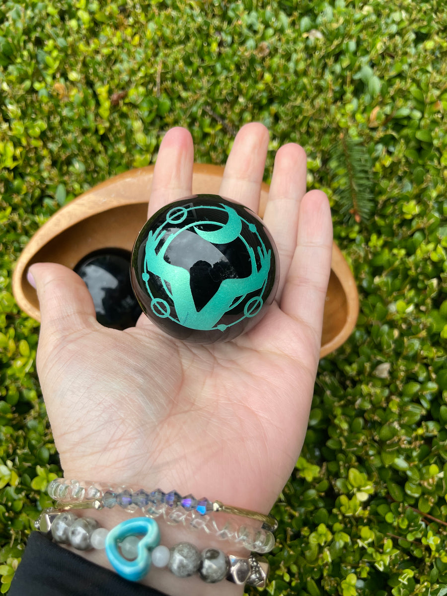 Black Obsidian carved sphere with crystal stone stand choose your design