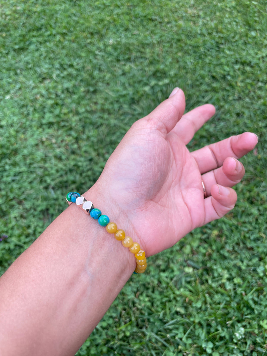 Blue and yellow vibes dyed howlite bracelet handmade