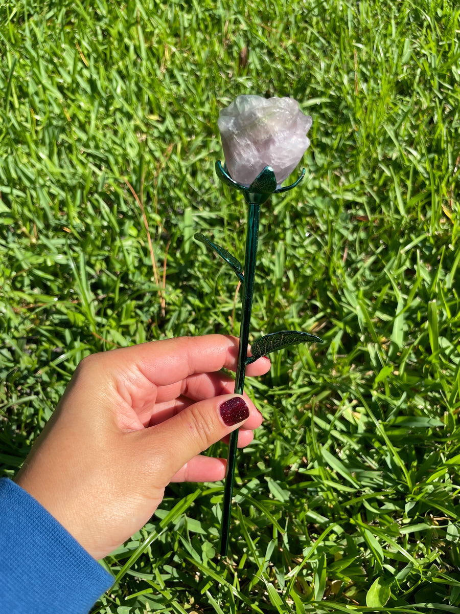 Fluorite crystal rose carving on metal stand