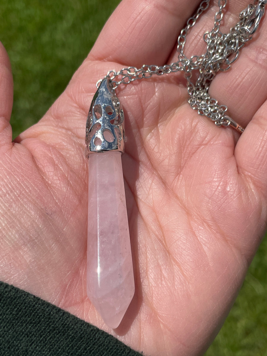 Rose quartz point stainless steel chain necklace