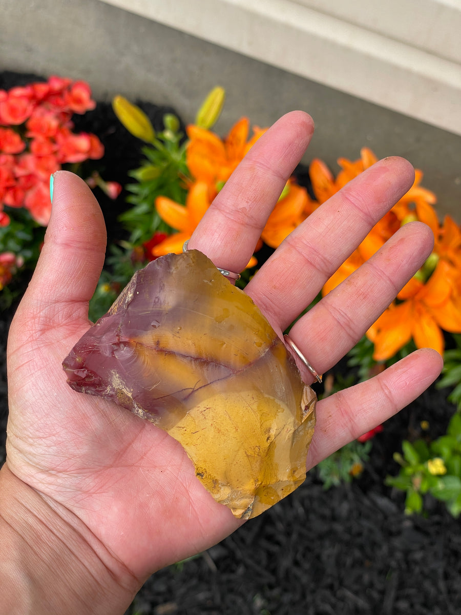 Raw mookaite chunk mostly yellow with red
