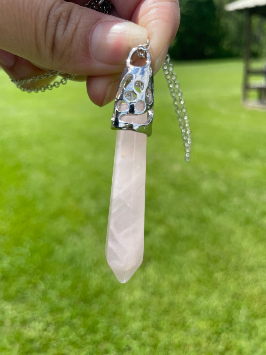 Rose quartz point stainless steel chain necklace