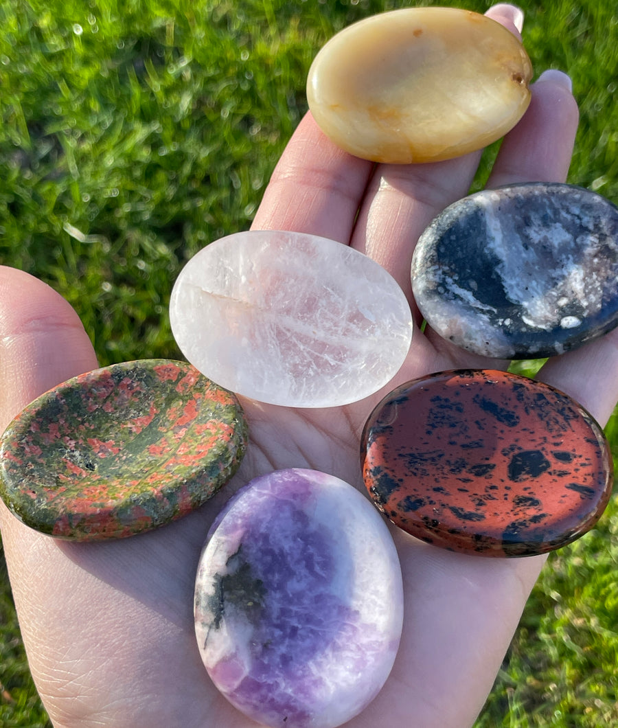 Stress relief pocket worry stone sodalite and mahogany obsidian left