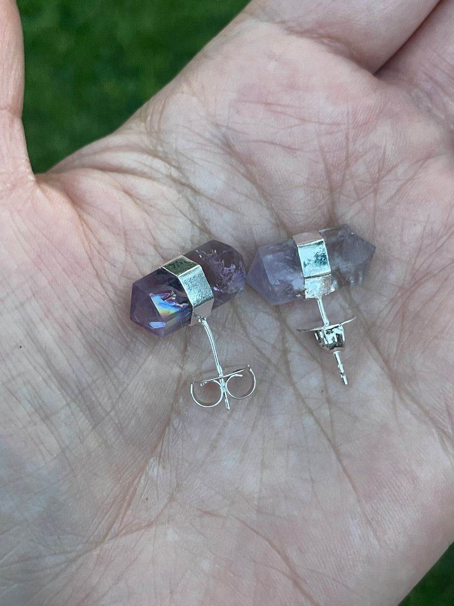 Amethyst double point earrings with rainbow