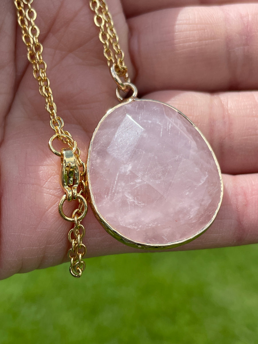 Rose quartz stainless steel gold chain necklace