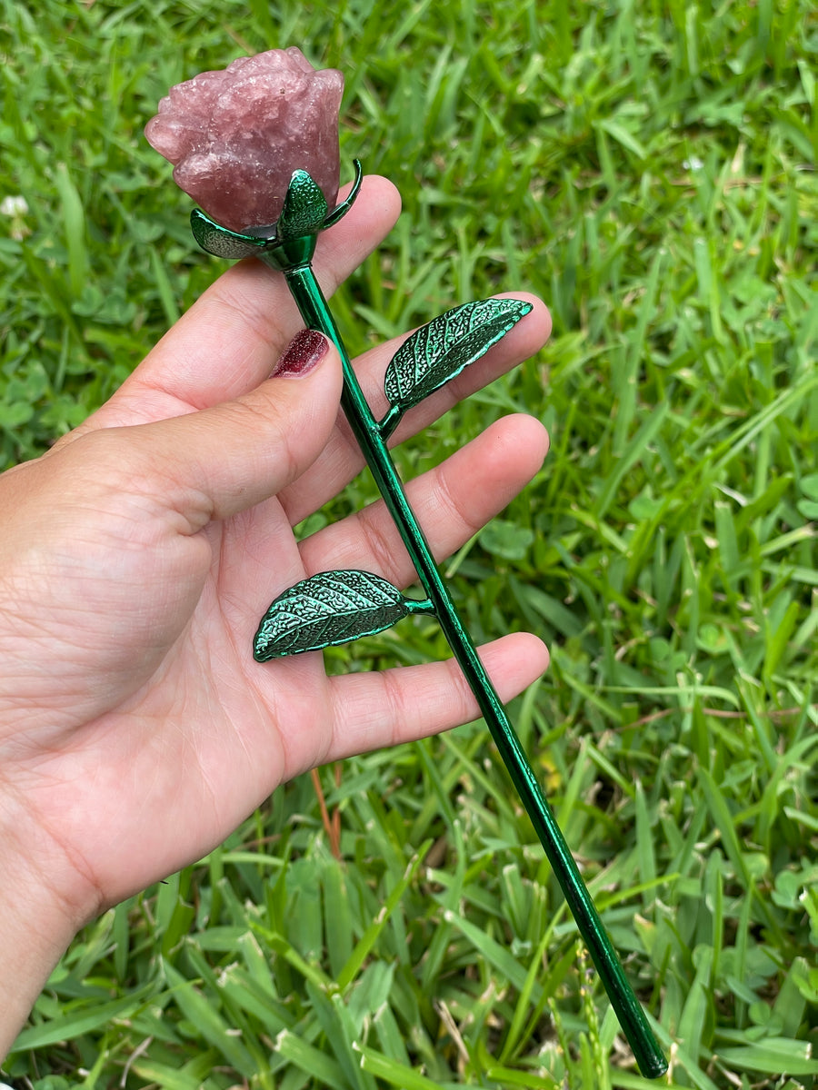 Strawberry Quartz Crystal rose on metal stem