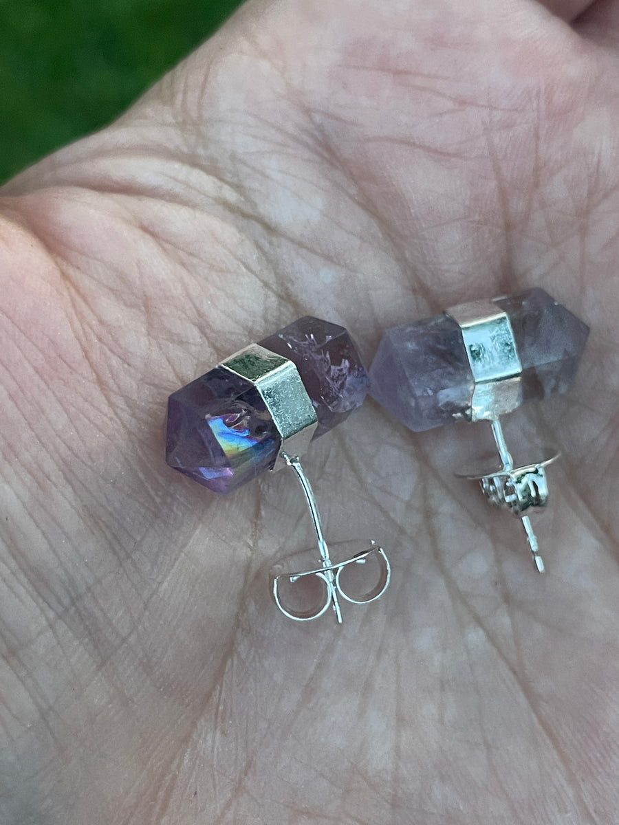 Amethyst double point earrings with rainbow