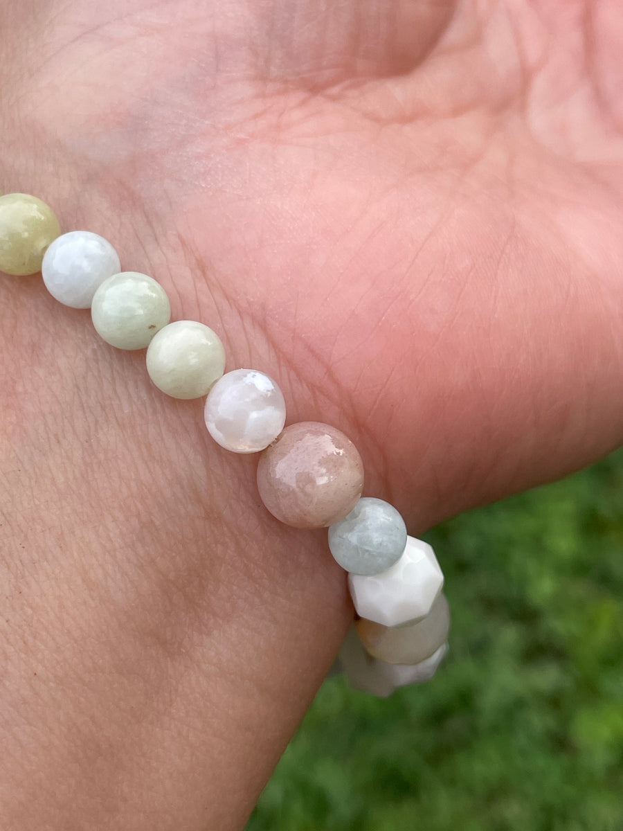 High vibration anxiety relief bracelet with moss agate center and orca agate