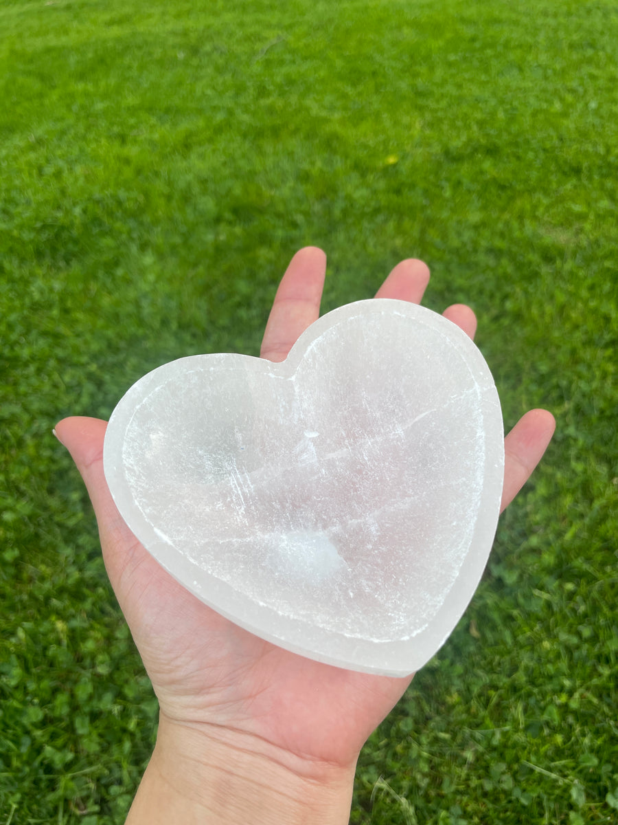 Selenite satin spar heart dish