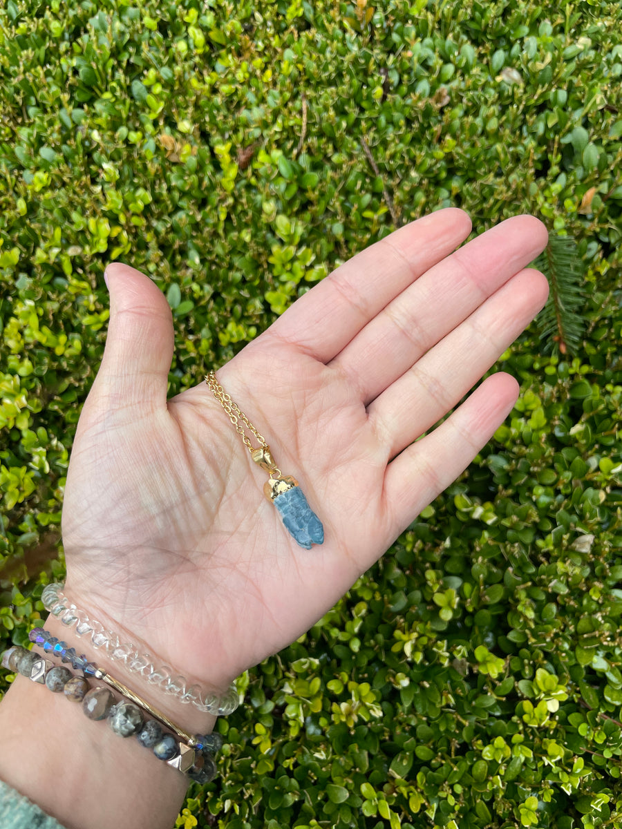 Blue Apatite Raw Dainty gold necklace hypoallergenic stainless steel chain.