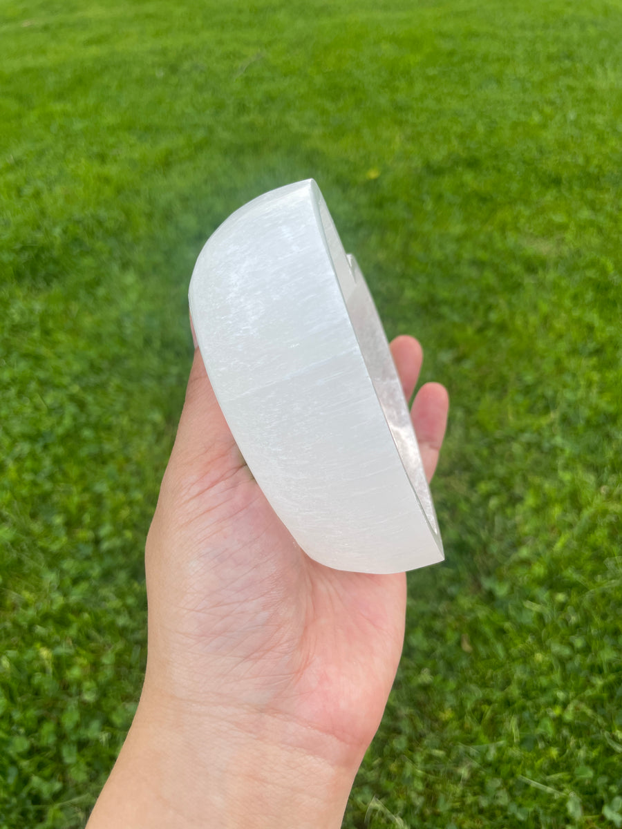 Selenite satin spar heart dish