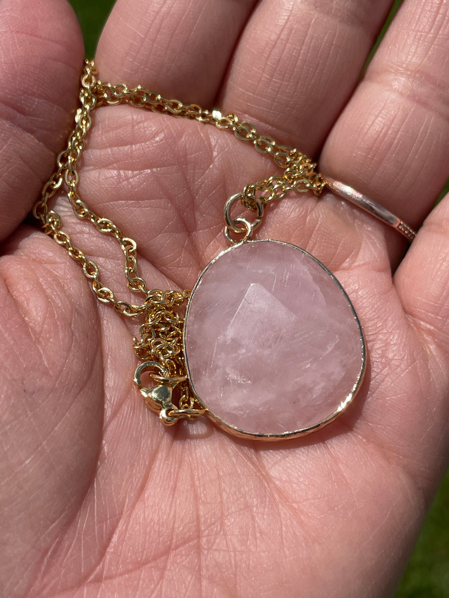 Rose quartz stainless steel gold chain necklace