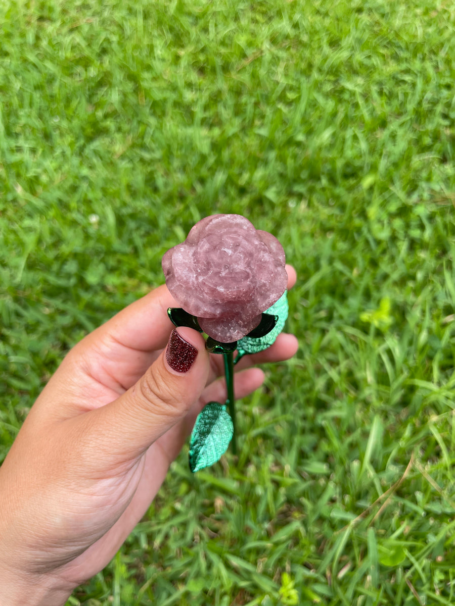 Strawberry Quartz Crystal rose on metal stem