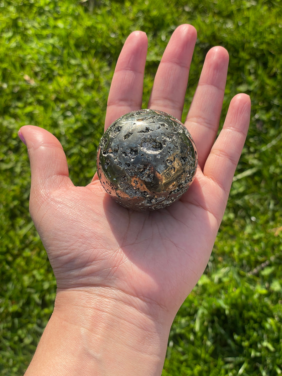 High quality cubic Pyrite sphere with crystal stone stand