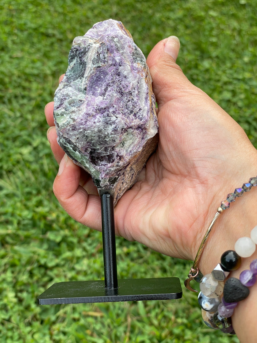 Raw Fluorite specimen on stand