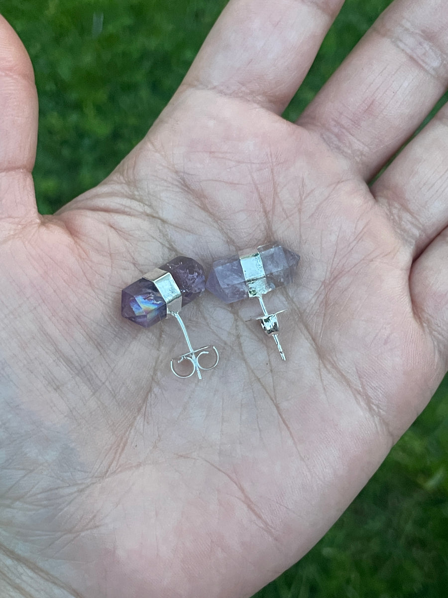 Amethyst double point earrings with rainbow