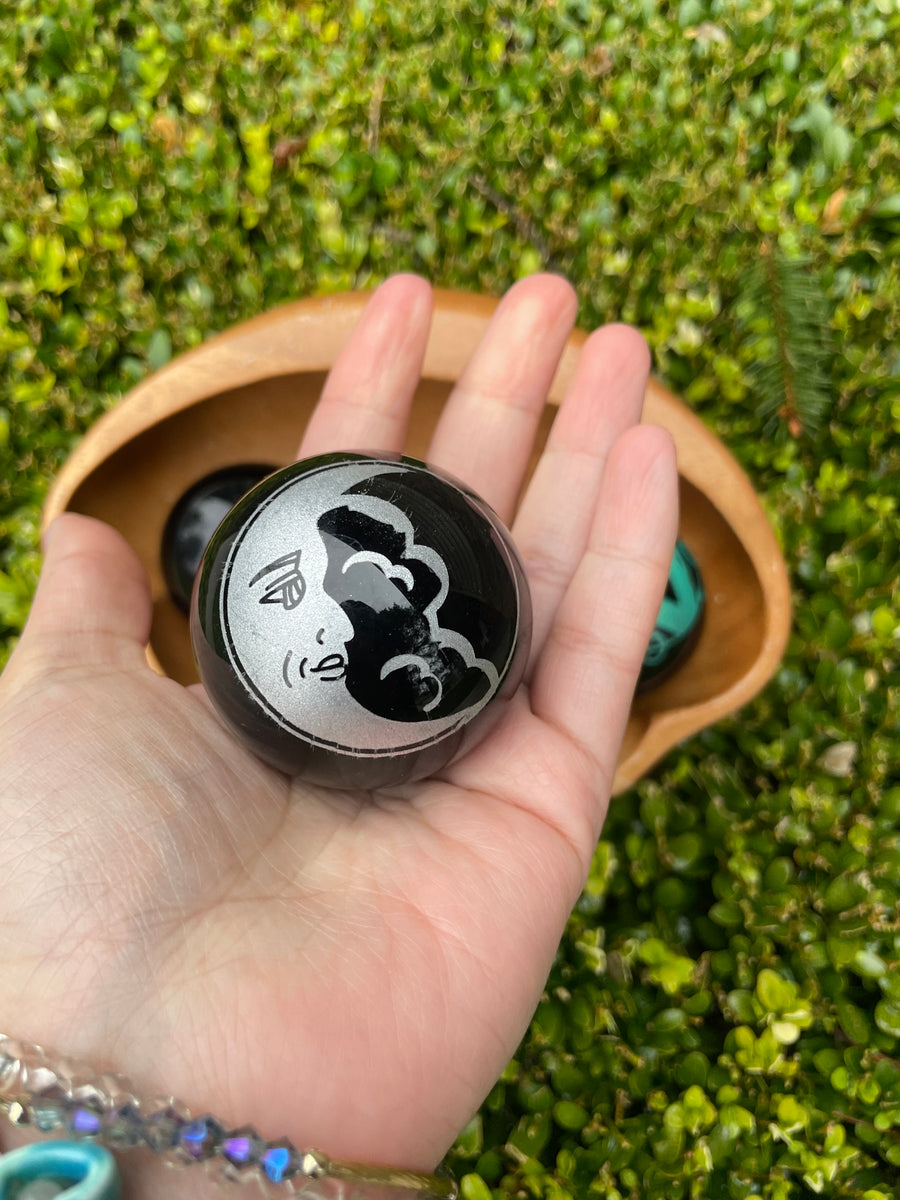 Black Obsidian carved sphere with crystal stone stand choose your design