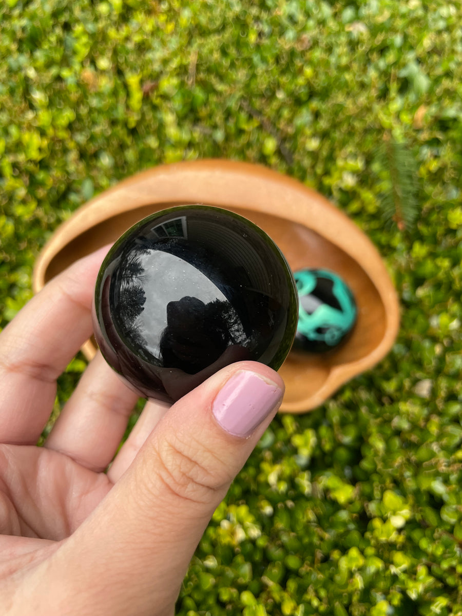 Black Obsidian carved sphere with crystal stone stand choose your design