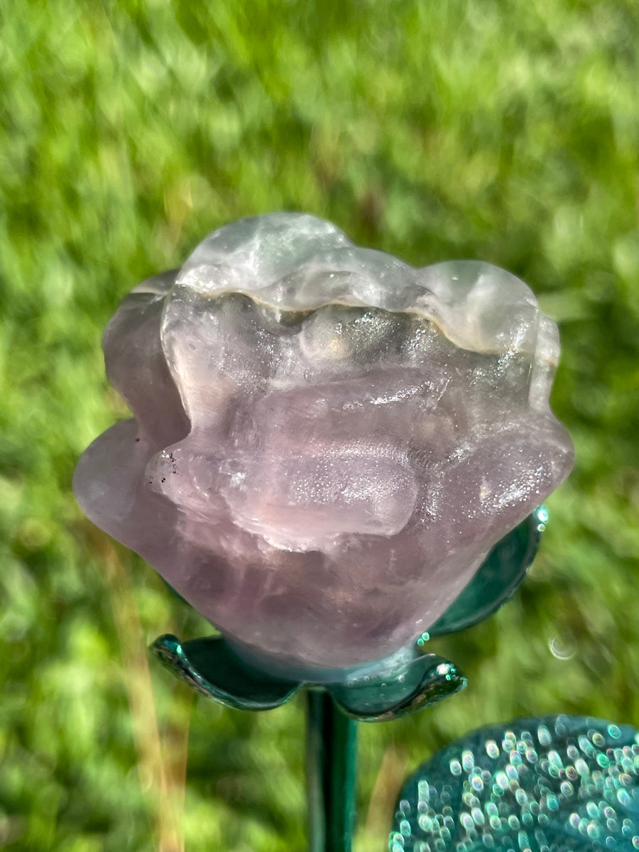 Fluorite crystal rose carving on metal stand