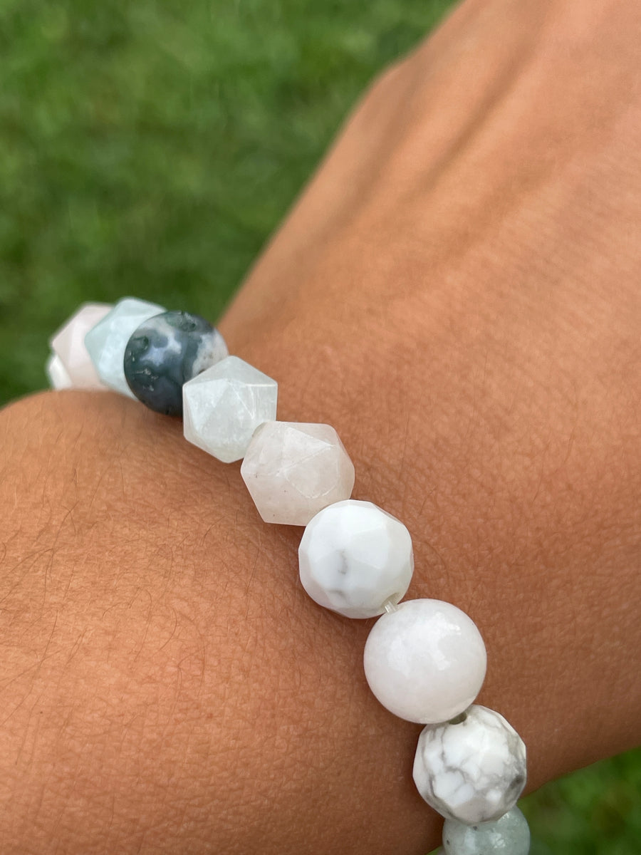 High vibration anxiety relief bracelet with moss agate center and orca agate