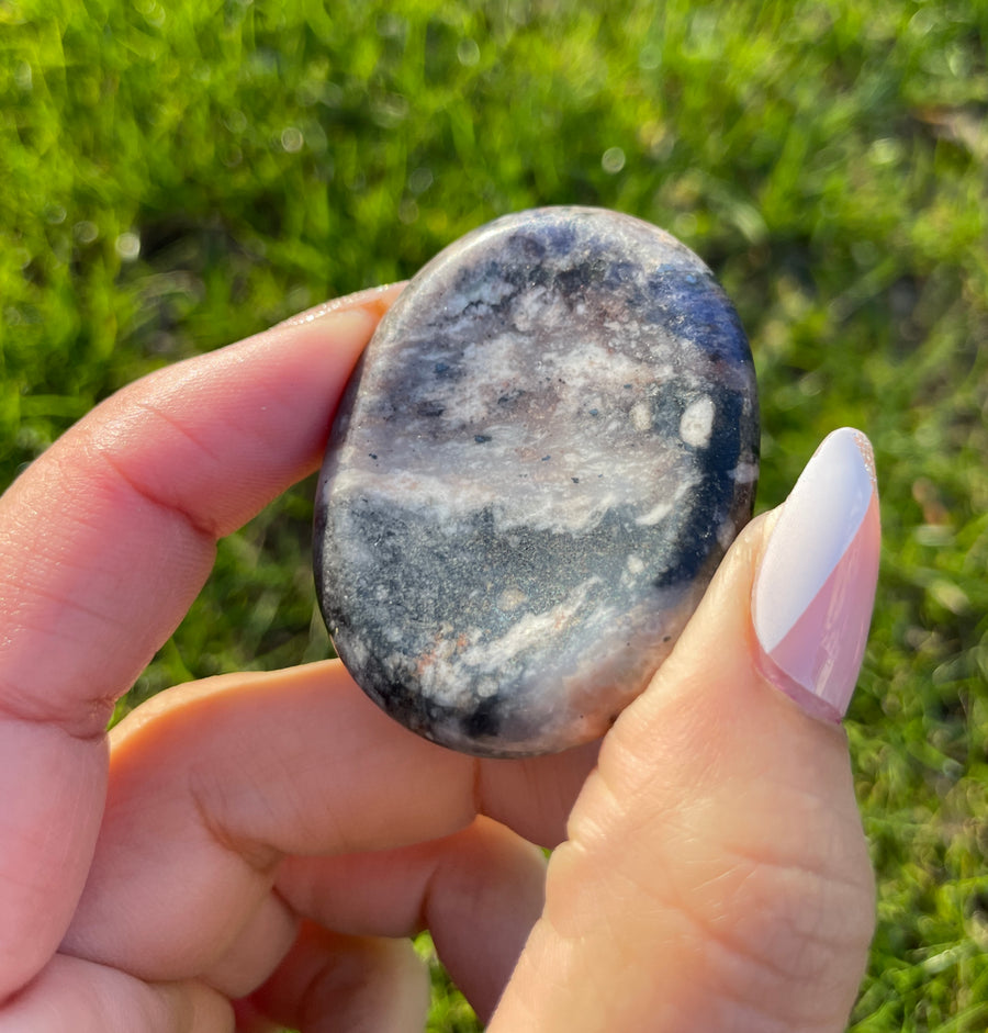 Stress relief pocket worry stone sodalite and mahogany obsidian left