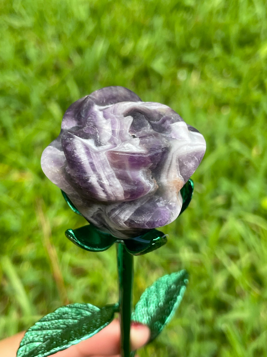 Chevron Amethyst rose crystal on metal stand