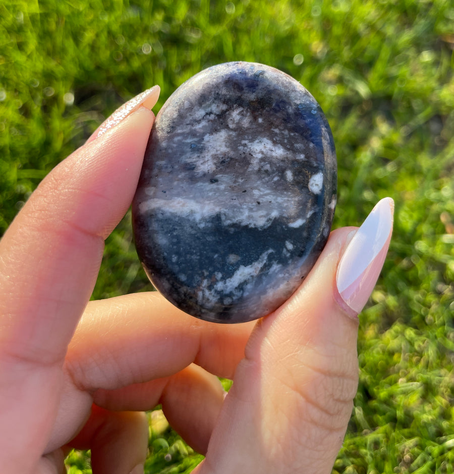 Stress relief pocket worry stone sodalite and mahogany obsidian left