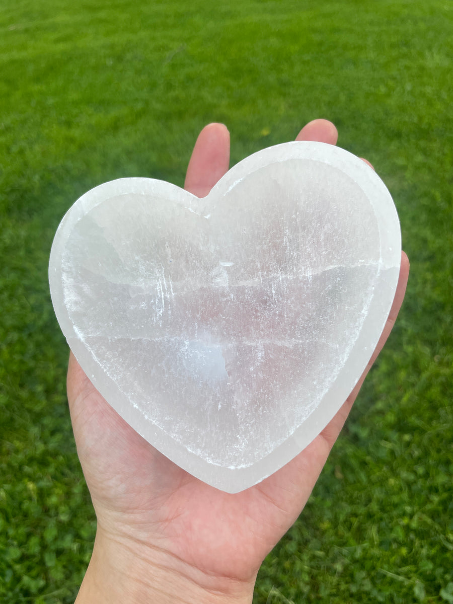 Selenite satin spar heart dish