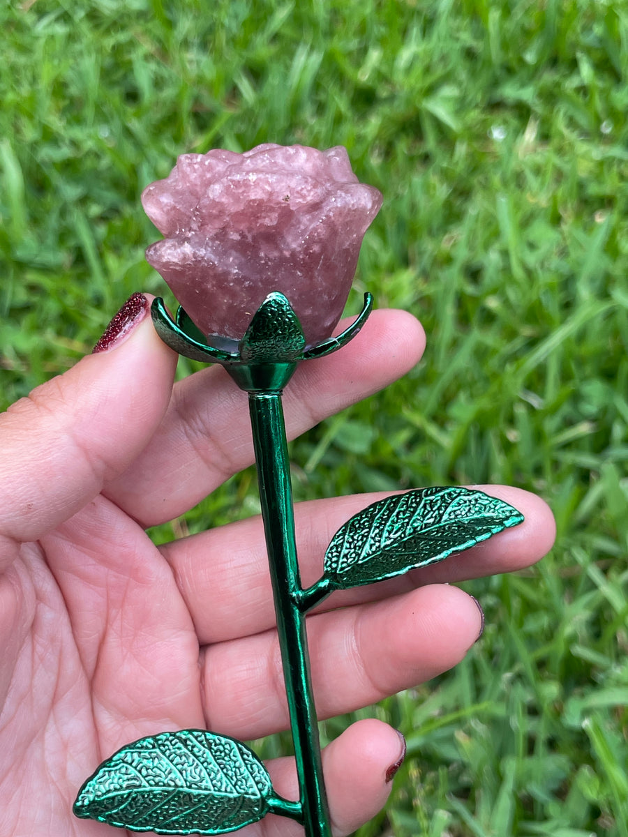 Strawberry Quartz Crystal rose on metal stem