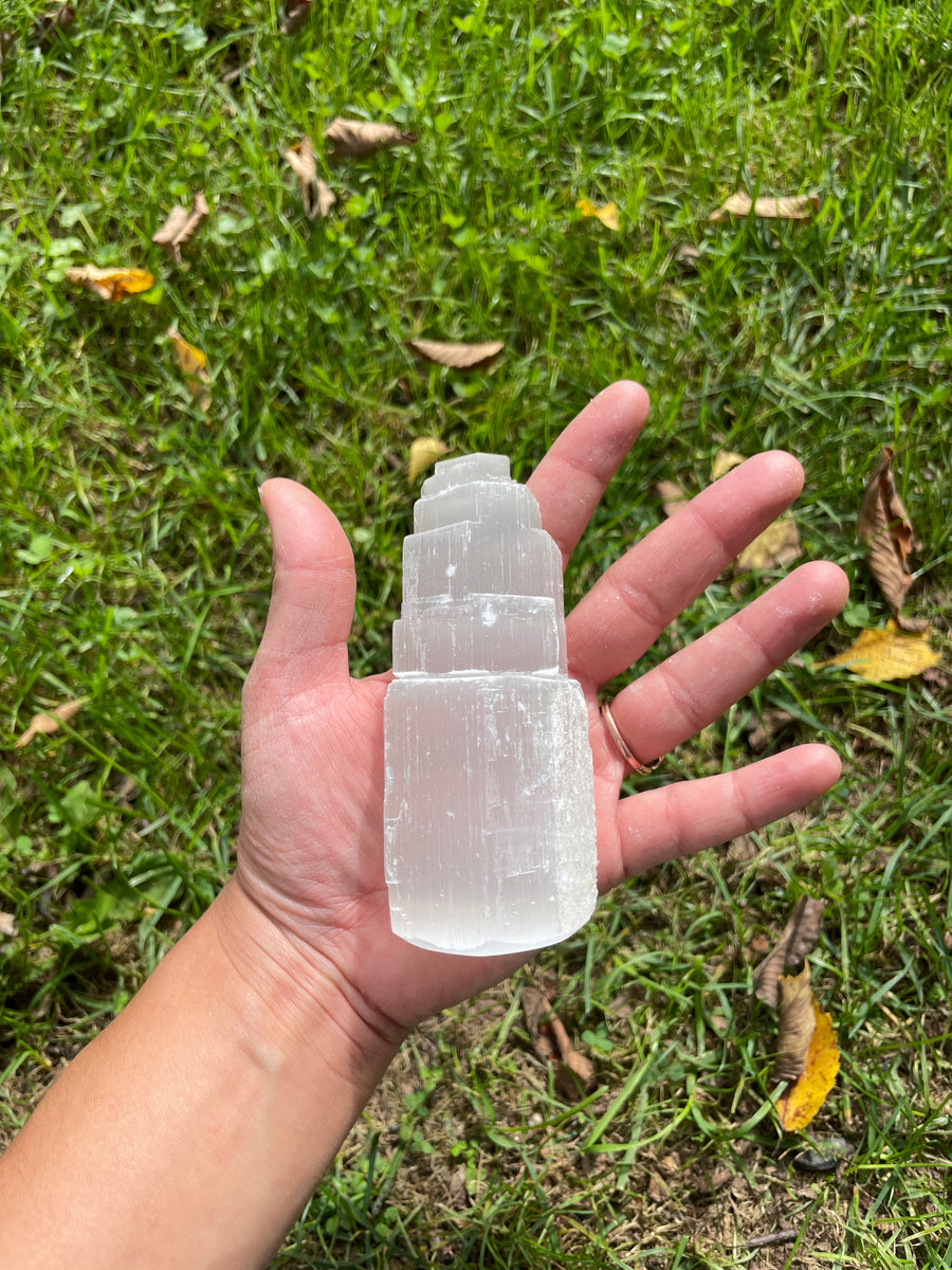 Selenite/Satin Spar Tower obelisk 4” tall