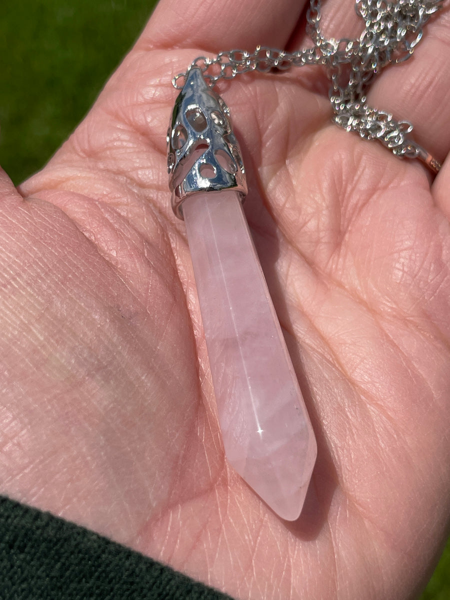 Rose quartz point stainless steel chain necklace