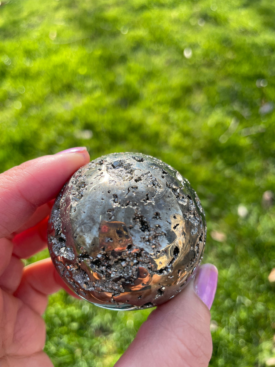 High quality cubic Pyrite sphere with crystal stone stand