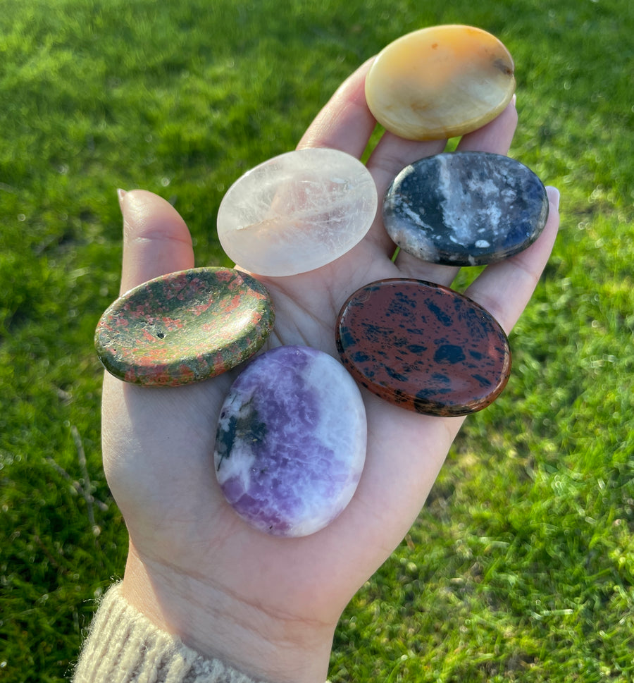 Stress relief pocket worry stone sodalite and mahogany obsidian left