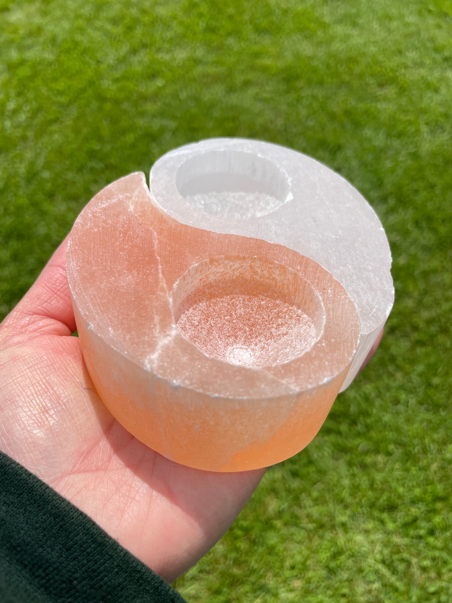 Selenite Yin Yang Candle or sphere Holder. Great for cleansing crystal jewelry