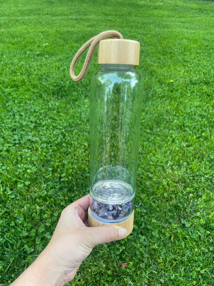 Amethyst chip water bottle with black sleeve