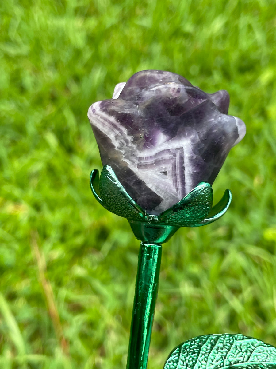 Chevron Amethyst rose crystal on metal stand