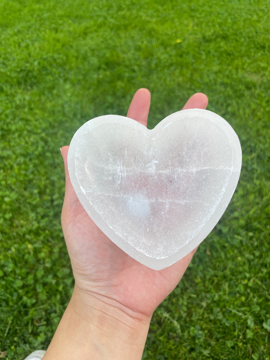 Selenite satin spar heart dish