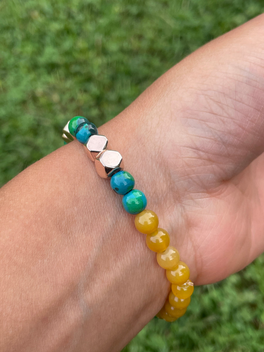 Blue and yellow vibes dyed howlite bracelet handmade