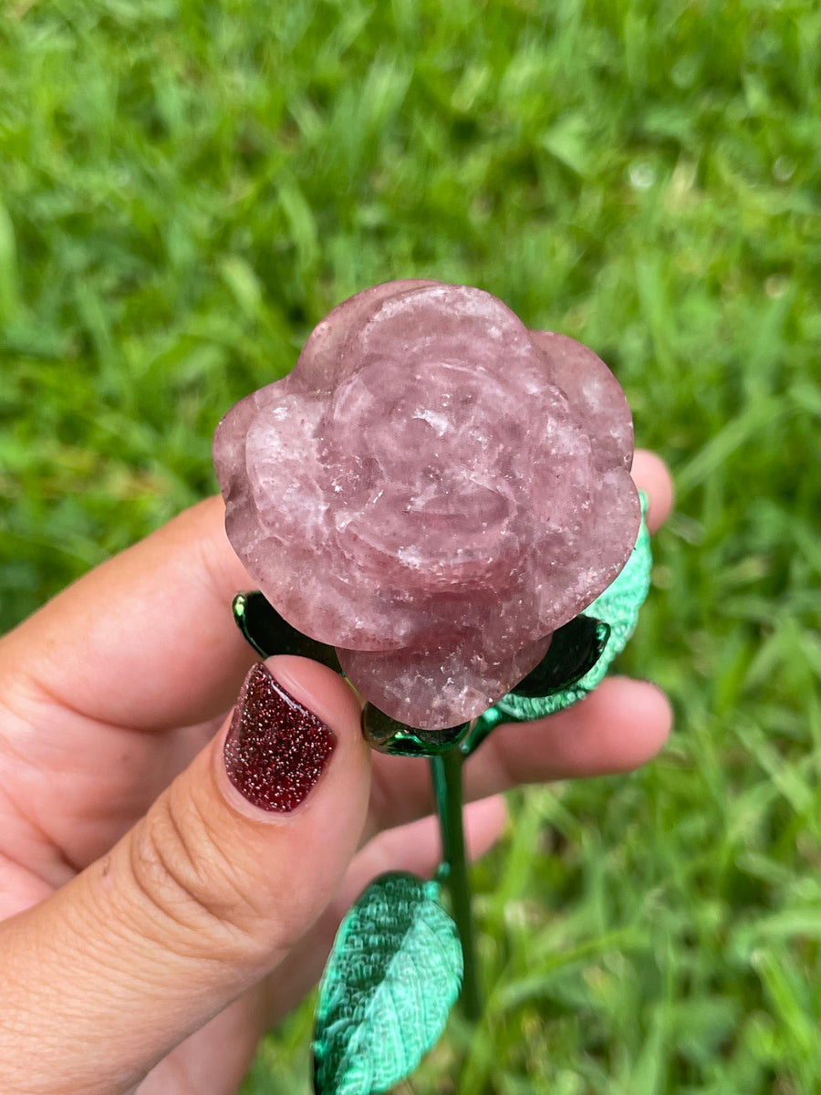 Strawberry Quartz Crystal rose on metal stem